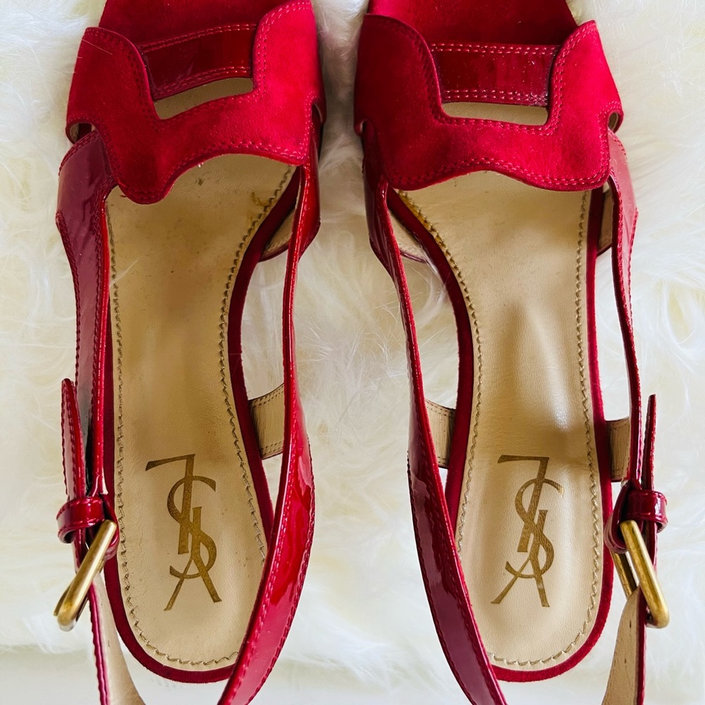 RED YSL Patten Leather & Suede mix high heels sandals. Open Toe, Slingback - Picture 4 of 16
